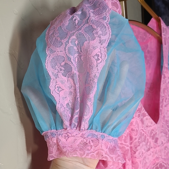 Sheer Fairycore Lace Patchwork Maxi Dress Pink Blue | Side Zip | Small - Picture 6 of 16